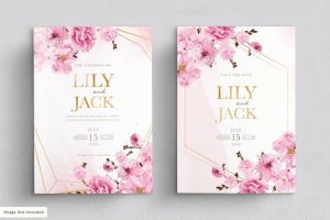 Elegant watercolor cherry blossom wedding invitation card set