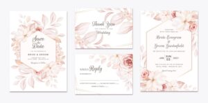 Floral wedding invitation template set with brown roses flowers and leaves decoration.