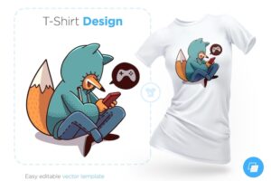 Fox in hoodie playing mobile game tshirt design print for clothes posters or souvenirs