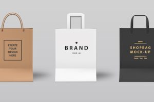 Front view of realistic shopping bag mock-up set white,black and paper,  for branding.