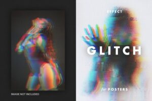 Glitch distortion photo effect with poster mockup