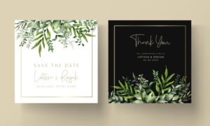 Greenery leaves watercolor wedding invitation card template