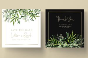 Greenery leaves watercolor wedding invitation card template