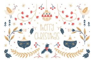 Hand drawn christmas background with florals and ornaments