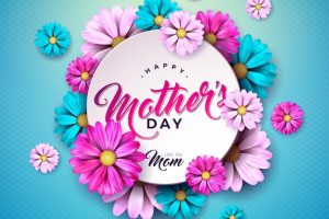 Happy mother's day greeting card design with flower and typography letter on blue background.   celebration illustration template for banner, flyer, invitation, brochure, poster.