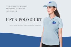 Hat and polo shirt psd mockup food service and retail uniform