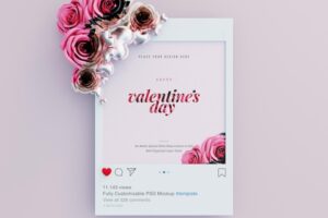 Instagram post mockup with valentine vibes decorated with cute roses and love hearts