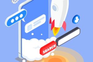Isometric app store optimization concept with smartphone rocket search bar on blue background 3d vector illustration