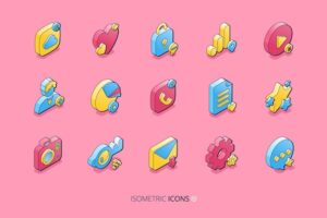 Isometric icons for social media. network, internet marketing and communication concept. vector set of phone, email, star, heart, user and message symbols for smm, blog or website
