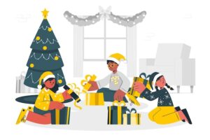 Kids open their christmas gifts concept illustration