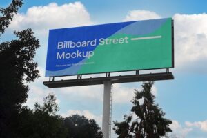 Large billboard mockup on blue sky with clouds