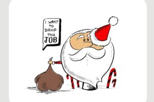 Merry christmas! hand sketchy drawing of a funny santa claus holding gift bag, vector illustration