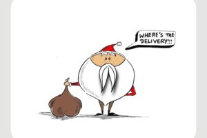 Merry christmas! sketchy drawing of a funny santa claus holding gift bag, vector illustration