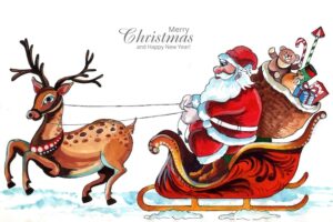 Merry christmas with santa claus reindeer card background
