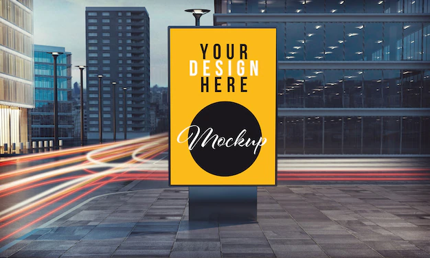 Mockup of commercial poster in bus stop of city downtown