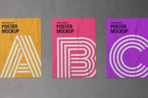 Pack of three crumpled posters mockup