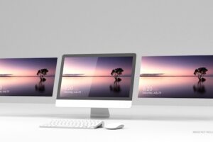 Realistic landing page desktop screen 3d rendering mockup for website presentation