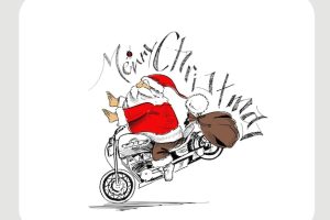Santa claus on a motorcycle merry christmas! greeting card design