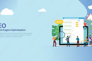 seo search engine optimization team working together on website design landing page ui - vector