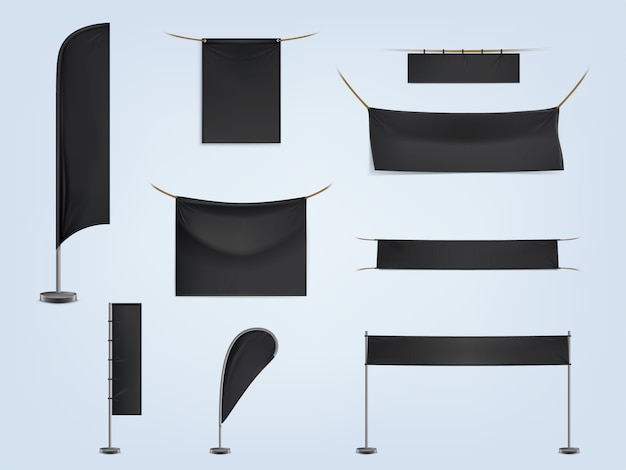 Set of black blank textile banners or flags, stretched and hanging