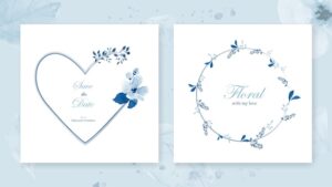Set of cards heart frame and a wreath decorated with a bouquet flowers of beautiful blue watercolor leaves.