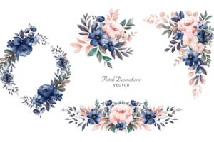 Set of watercolor floral frame bouquets of navy and peach roses and leaves.