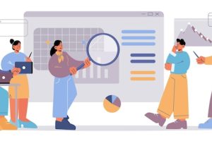 Team of people work with seo analytic data concept of business analysis of search engine optimization in internet vector flat illustration of teamwork in office with graphs and charts