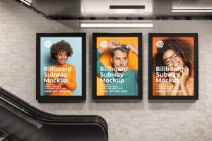 Three vertical billboards in subway station mockup