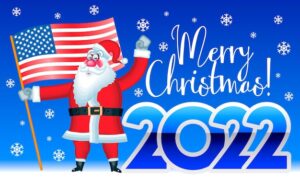 Vector bright greeting card merry christmas 2022 patriotic poster with santa claus holding usa flag