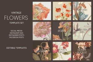 Vintage flower vector template set, remixed from public domain artworks