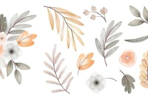 Watercolor autumn flowers and leaves collection with bouquet