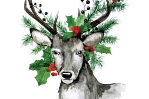 Watercolor drawing, christmas card. deer with spruce branches and holly leaves on the antlers.