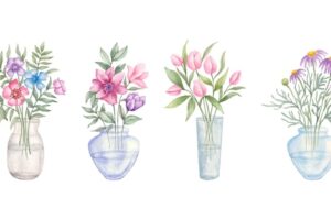 Watercolor flower bouquet with flower vase