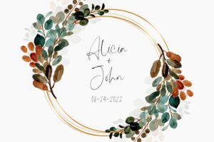 Watercolor green leaves wreath with golden frame