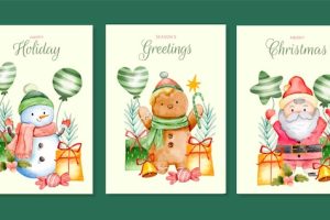 Watercolor merry christmas greeting cards set