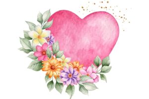 Watercolor pink heart with flowers