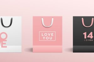 White paper bag, pink paper bag, black paper bag, with colorful cloth handle collections valentine's concept design, template background