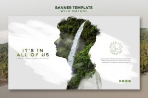Wild nature man with waterfall design banner template