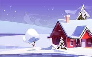 Winter landscape with house snow fields and frozen lake vector parallax background ready for 2d animation with cartoon illustration of snowfall ice rink and village cottage