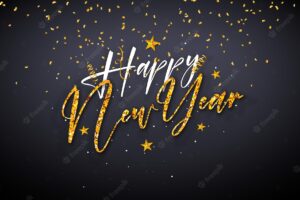 2023 happy new year illustration with shiny gold glittered handwrited letter and falling confetti