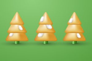 3d golden christmas tree with snow isolated on green background