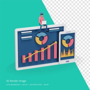 3d render of digital marketing strategy concept with tiny people character, table, graphic object on computer screen. online social media marketing modern for landing page and mobile website template