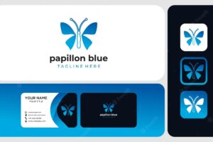 Abstract blue papillon or blue butterfly logo and business card template