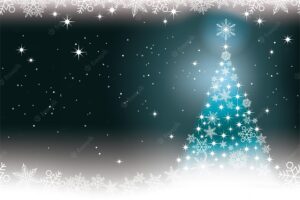 Abstract winter vector seamless background with a blue christmas tree and snowflakes.