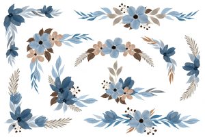 Arrangement of blue floral watercolor frame for wedding invitation