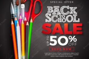 Back to school sale banner with colorful pencil and text written with chalk on chalkboard