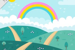 Background of hills with path and rainbow