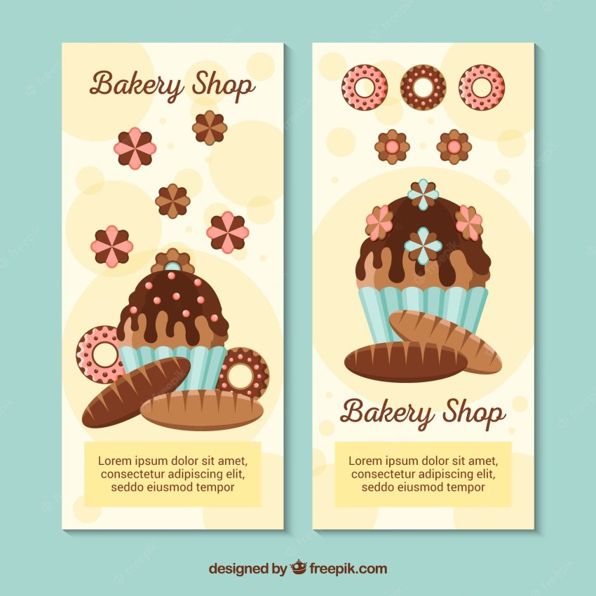 Bakery banners with sweets and bread in flat style