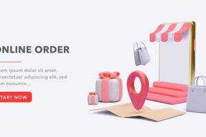Banner concept for fast online order with store in phone, gifts, gift bags, location in realistic style. vector illustration
