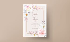 Beautiful blooming flower and leaves watercolor wedding invitation card